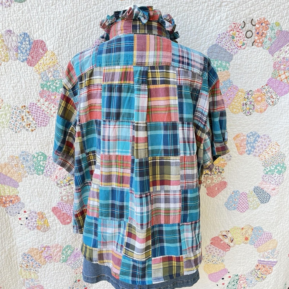 Upcycled Preppy Lands End Autumn Madras Patchwork Oversized Short Sleeve XXL - Picture 6 of 10